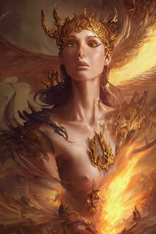 Image similar to beautiful girl sorcerer transforming into fire and golden dragon skin, casting magic spell, angel, fantasy, magic the gathering, hyper detailed, 3 d render, hyper realistic detailed portrait, peter mohrbacher, wlop, ruan jia, luis royo