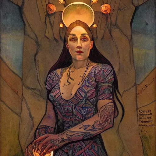 Prompt: the twilight queen with her lantern, by Annie Swynnerton and Nicholas Roerich, bioluminescent skin, tattoos, elaborate costume, geometric ornament, symbolist, smooth, sharp focus, extremely detailed