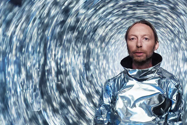 Image similar to thom yorke singer songwriter in a reflective space helmet, no surprises, helmet filling up with water, video art, anamorphic lens flare, datamosh, beautiful blue eyes, eyes reflecting into eyes reflecting into infinity, eyes reflecting into eyes reflecting into infinity