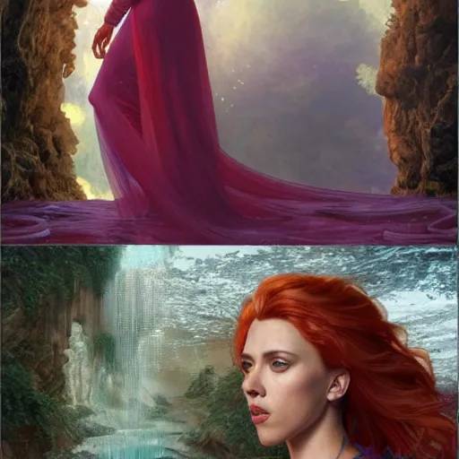 Image similar to a highly detailed byzantine painting of scarlett johansson as a red haired vampire sorceress, walking through a waterfall in a gossamer purple dress, epic fantasy, viewed in profile from far away, ultrawide lens, art by artgerm and greg rutkowski and alphonse mucha, volumetric lighting, 4 k resolution, trending on artstation, masterpiece