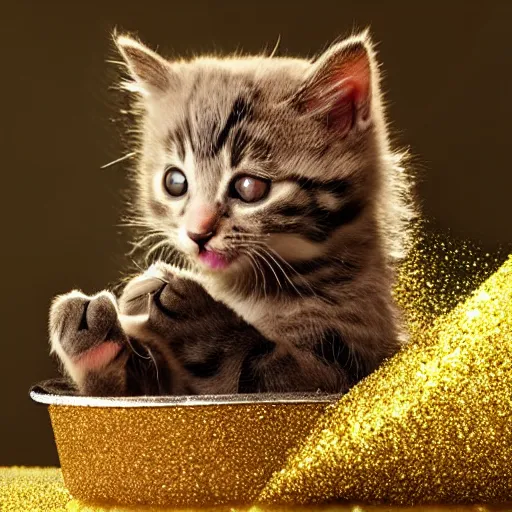 Prompt: kitten bathing itself with a glitter explosion, 8k, award winning photo, digital art