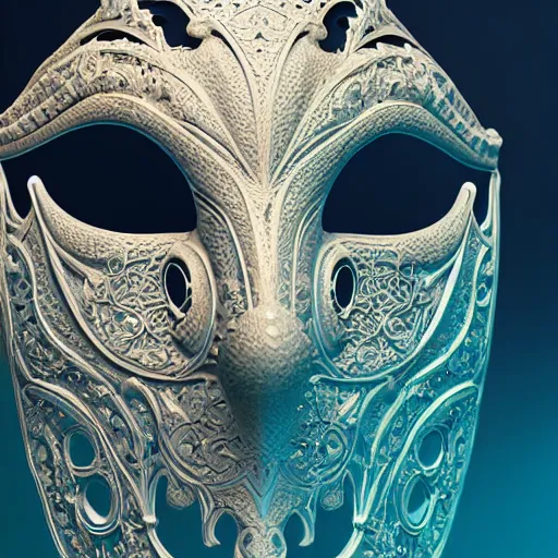 Image similar to an elaborate intricate mask made of water, rendered in octane, behance hd, bokeh backdrop