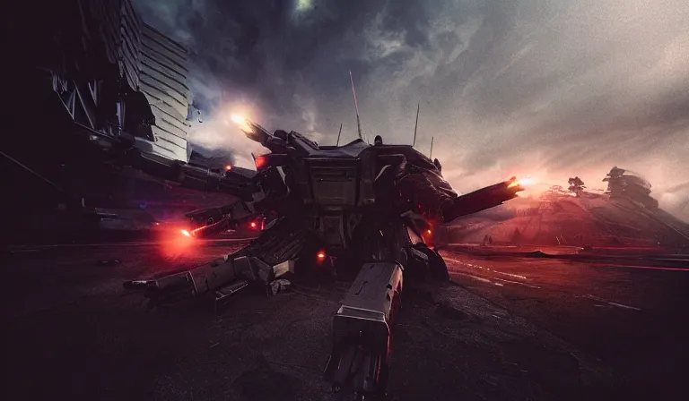 Image similar to an armored core v by liam wong, booster flares, legs, laser rifles, karst landscape, outdoor, dark blue sky, cloud, wilderness ground, golden time, twilight ; wide shot, digital painting, photoreal, cinematic contrast, dynamic backlighting, sharp edge, motion blur