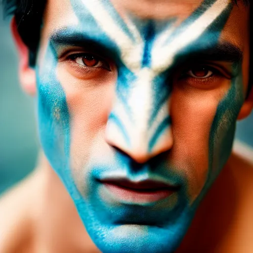 Image similar to award winning photography portrait, handsome actor with blue skin, avatar, leica 1 0 0 mm f 0. 8