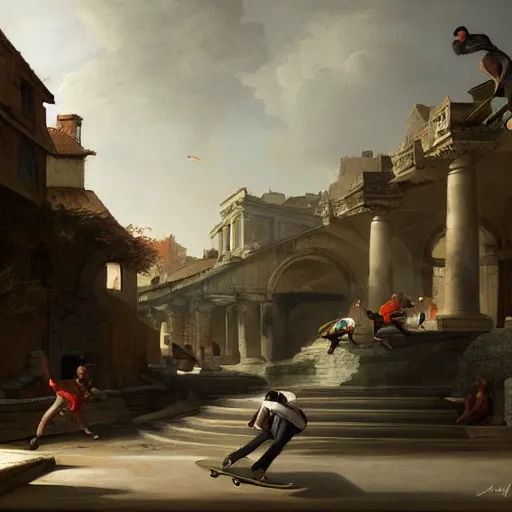 Image similar to skateboarder painting dynamic detailed by hubert robert