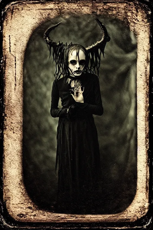 Image similar to a creepy demon, a character portrait, photograph by Kyle Thompson, Victorian England, deviantart, gothic art, deviantart, tintype photograph, goth