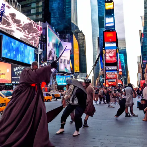 Image similar to a jedi in a battle with voldemort among the people in times square