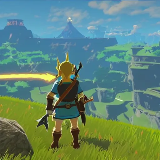 Image similar to a screencap of the legend of zelda breath of the wild, of pikachu in breath of the wild