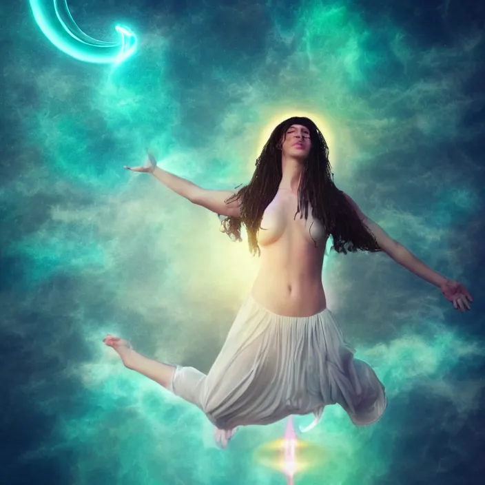 Prompt: goddess with divine feminine energy, floating in air, surrounded by luminescent light, dark nature background, hyper - realistic, photo render, extremely detailed
