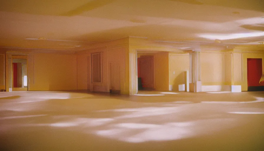 Image similar to 60s movie still of ballroom with light yellow beds, cinestill 800t 50mm eastmancolor, liminal Space style, heavy grain-s 150
