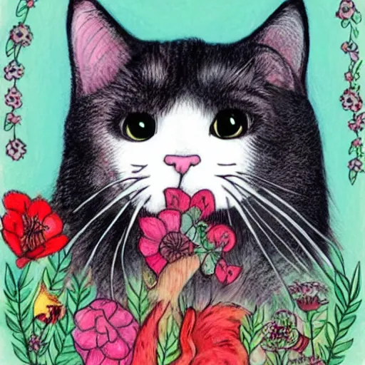 Image similar to cat smelling flowers, in the style of chiara bautista