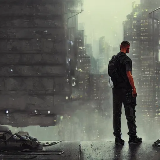 Image similar to A man wearing Reindeelusion Steven Cargo pants and Nike Tech fleece Shirt and Nike Acronym presto sneakers, rooftop, sniper rifle stationed in background, Police sirens shining in far background, high quality, digital art, dirty cyberpunk city, rain, greg rutkowski