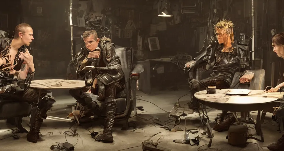 Image similar to impressive small close cinematography scene featuring bio - punk aesthetic furniture. close shot of two characters discussing an important topic. film still from the new live - action adventure movie. special effects from the studios called industrial light & magic, weta.