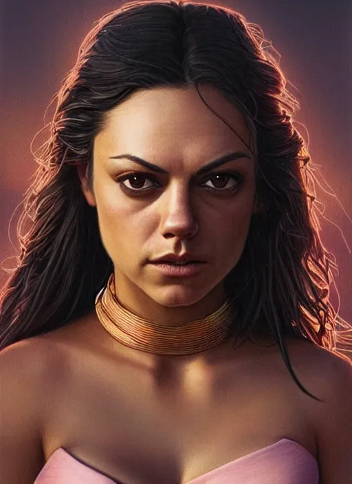 Image similar to epic portrait of Mila Kunis wearing black choker, a very strong muscled Amazon heroine, sun beams across sky, pink golden hour, intricate, elegance, highly detailed, shallow depth of field, epic vista, concept art, art by Artgerm and Donato Giancola, Joseph Christian Leyendecker