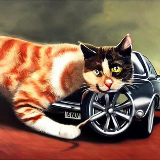 Image similar to cat eating a car, photorealistic, studio