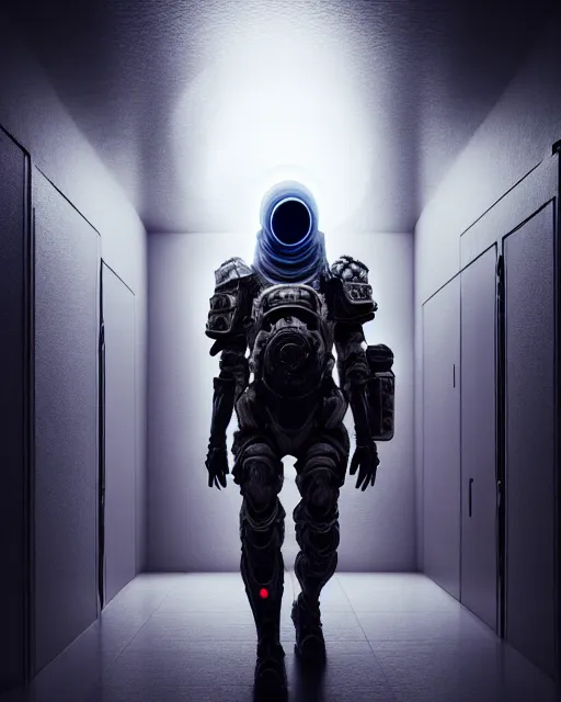 Image similar to ultra realist and ultra intricate detailed soft painting of a sci-fi armored male, no face, walking down futuristic hallway, sensual gloomy style, volumetric clouds, unreal render, depth of field