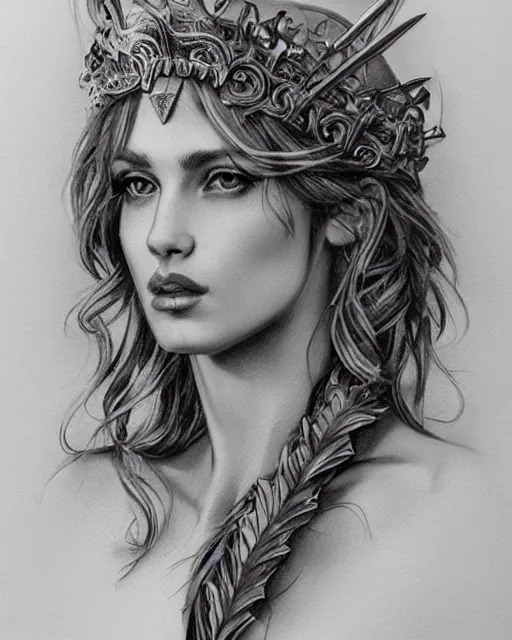Prompt: beautiful aphrodite greek goddess wearing a golden laurel wreath and arrowhead earrings, hyper - realistic tattoo sketch, beautiful piercing eyes with sharp pupils, beautiful blonde hair, in the style of greg rutkowski, fantasy, amazing detail, epic, elegant, smooth, sharp focus