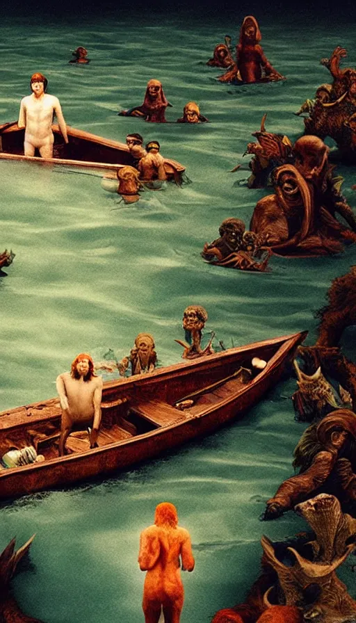 Prompt: man on boat crossing a body of water in hell with creatures in the water, sea of souls, by wes anderson,