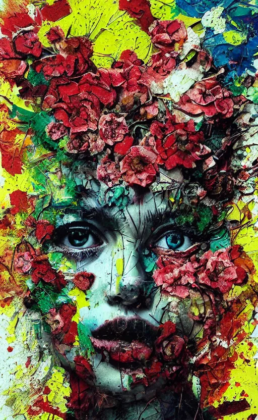 Image similar to illustration, gouache impasto of human face, blossoms, intricate, by artur bordalo