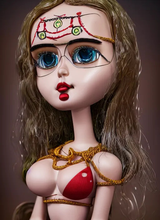 Image similar to closeup profile portrait of tin toy bikini girl surf sand, depth of field, zeiss lens, detailed, symmetrical, centered, fashion photoshoot, by nicoletta ceccoli, mark ryden, lostfish, breathtaking, 8 k resolution, extremely detailed, beautiful, establishing shot, artistic, hyperrealistic, octane render