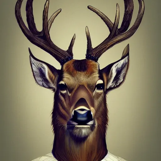 Image similar to a upper body portrait of a deer in a pinstriped suit and pants wearing a fedora with the antlers sticking out of the fedora by artgerm and wlop, intricate detail, digital art, photorealistic, trending on artstation