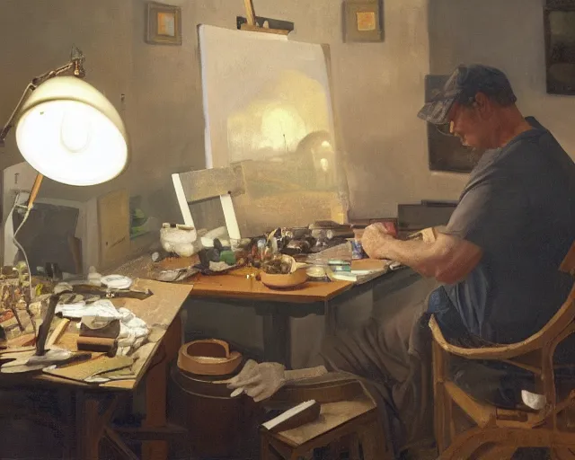 Prompt: an exhausted painter in his studio painting a picture of pepe the frog - key lighting, soft lights, foggy, by steve hanks, by lisa yuskavage, by serov valentin, by tarkovsky, 8 k render, detailed, oil on canvas