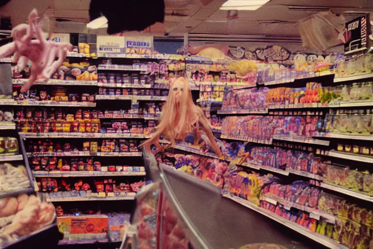 Prompt: 35mm color lomography, last photo, portrait, fashion shoot, weird, random, strange, spooky, hyperdetailed, photorealistic, high fashion, interesting, supermarket, david cronenberg