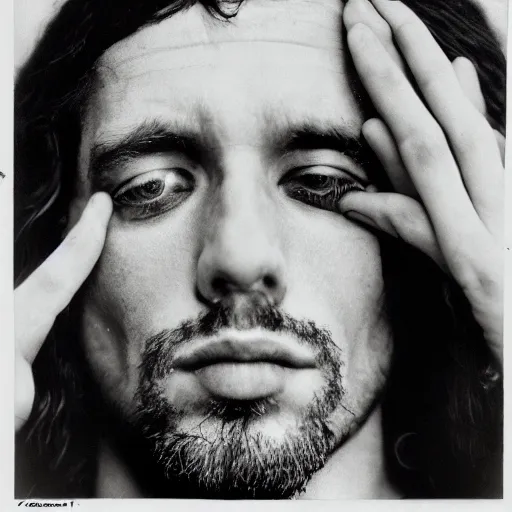 Image similar to Jesus, the lord of cannabis. Close-up studio portrait by Robert Mapplethorpe. Tri-x