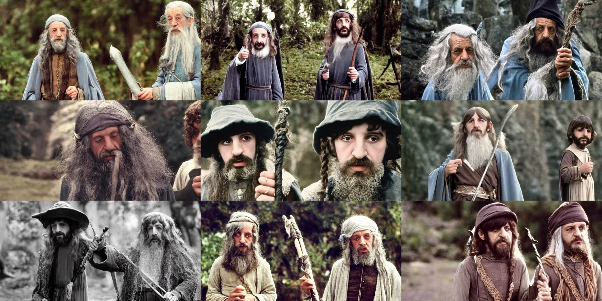 Prompt: A full color still of young Ringo Starr dressed up as a young Gandalf, directed by Stanley Kubrick, 35mm, 1970
