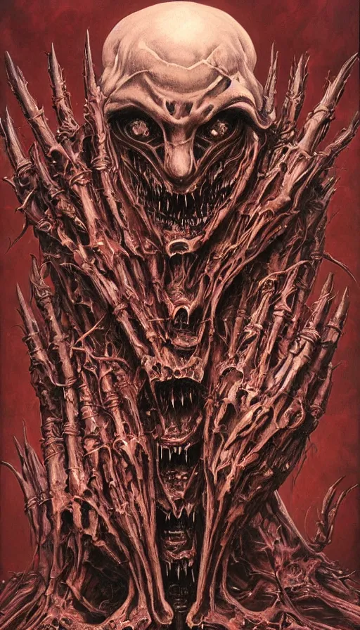 Image similar to Doom themed painting of symmetrical torso demon dissection anatomy with extended evil hands concept, intricate artwork by H.R. Giger, Johnatan Wayshak, Zdizslaw Beksinski, Ayami Kojima, Amano, Karol Bak, Moebius, and Mark Brooks, Neo-Gothic, gothic, rich deep colors, art by Takato Yamamoto, masterpiece, face by Artgerm, very coherent artwork, cinematic, hyper realism, high detail, octane render, unreal engine, 8k, High contrast, golden ratio, trending on cgsociety