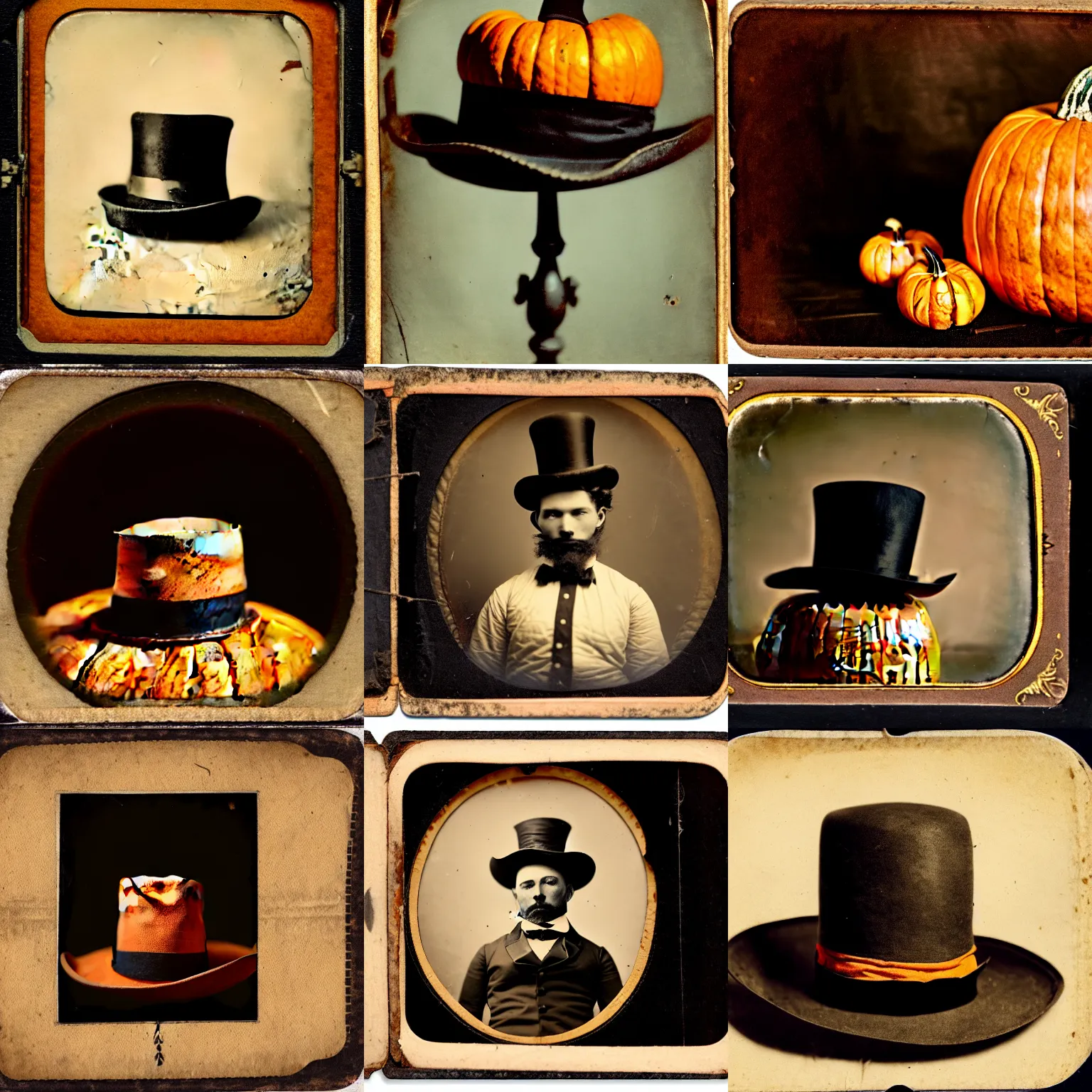 Prompt: An 1870s tintype photograph of a hat sitting on a pumpkin, top hat, nature photography, high quality, restored 4k