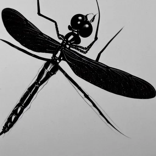 Image similar to dragonfly, black and white, botanical illustration, black ink on white paper, bold lines