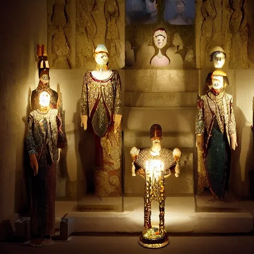 Image similar to The royal tomb, jewelpunk, each indiviual person is on display, posed as they were in life, encased forever in diamond, very beautiful, each body is lit from above. Princess Soraha, age 10