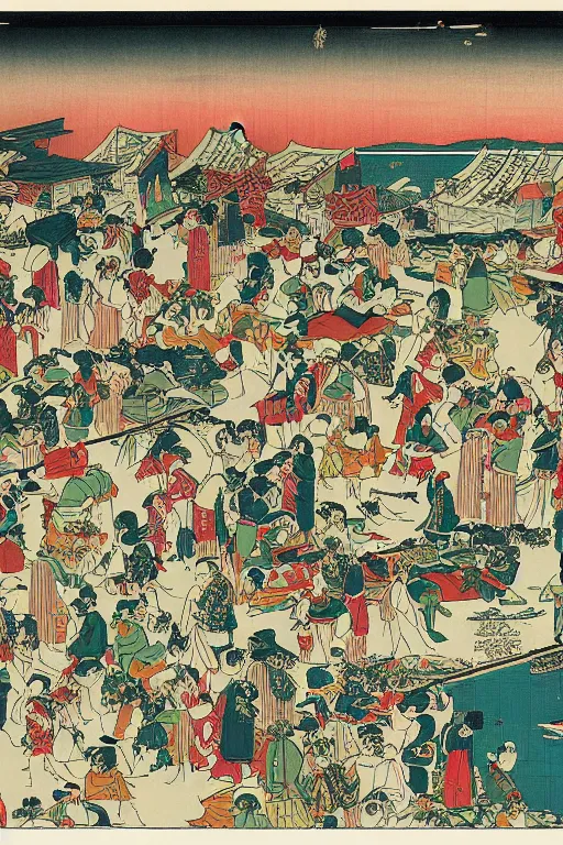 Prompt: An illustration of Copacabana in Rio de Janeiro in the style of Utagawa Kunisada in high resolution.