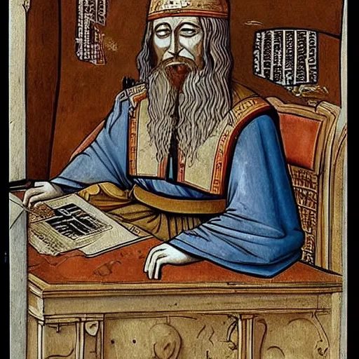 Image similar to attila the hun using imac desktop pc to send emails but is getting visibly annoyed at technology da vinci style painting