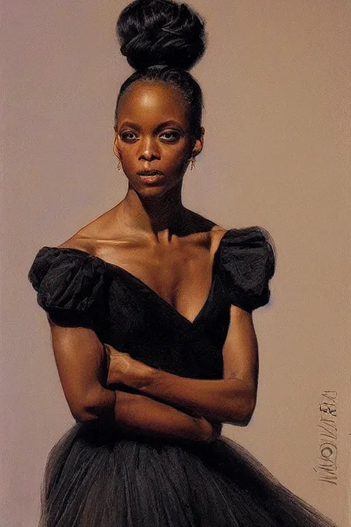 Image similar to portrait of a gorgeous graceful black prima ballerina, by donato giancola and berthold woltze.