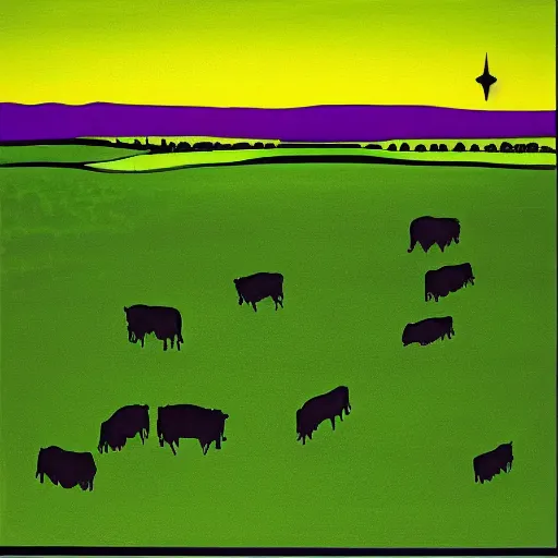 Image similar to cows casting a shadow being abducted by ufo in summer night from pasture. aerial view, minimalism, precisionist in style of patrick nagel, purple and green gamma with contrast and shadows