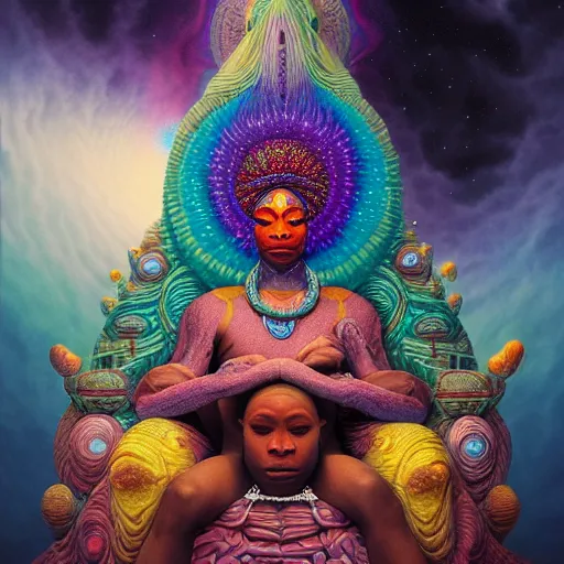 Prompt: olorun the cosmic god sitting on a throne of nebula clouds, by Adi granov and afarin sajedi and amanda sage and evgeni gordiets and Agostino Arrivabene in a psychedelic portrait style, ultrarealistic matte painting, volumetric lighting, fractal, extremely symmetrical, highly detailed face, orisha, 8k, hd
