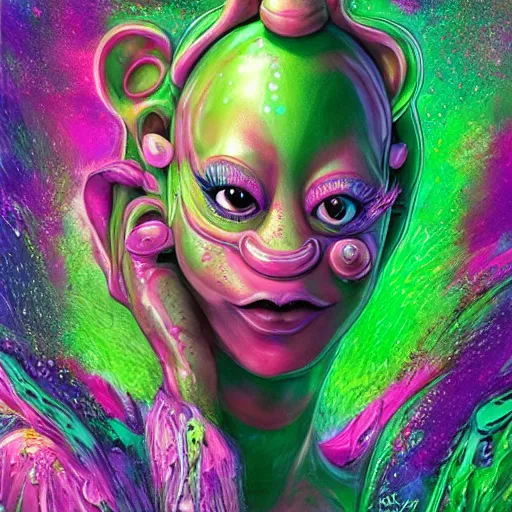 Image similar to ultra detailed illustration of Kermit the Frog from Sesame Street covered in a sea of iridescent liquid by nekro, Karol Bak, colorful, vivid colors, 8k, coherent, anime vibes, uplifting, magical composition, artstation, synthwave, 8k, coherent, artgerm, uplifting, unreal engine, magical composition, artstation