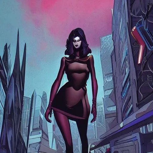 Prompt: Tall beautiful slender female witch with dark hair, futuristic, alien cityscape, artstation, graphic novel, colourful, 2D matte, art by Stanley Artgerm David Rubín, Mike Mignola, Laurie Greasley,