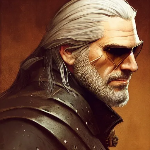 Prompt: geralt of rivia after a hunt, with black sunglasses, long beard, leather armor with golden borders, award winning, paint detailed digital artstation, close up, portrait hd 4 k, by monet and greg rutkowski and gaston bussiere and craig mullins and j. c. leyendecker, hd 1 1. 0