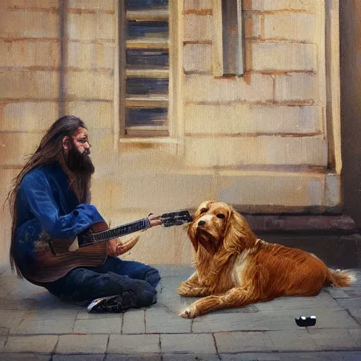 Image similar to oil painting of a young man with long hair blond and a beard hippie style with his golden retrever dog playing guitar in the square for money, people watching around, by greg rutkowski, artstation