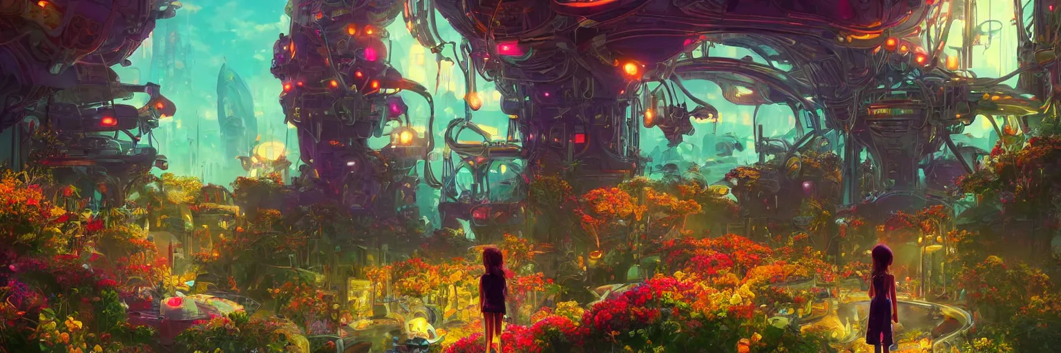 Image similar to beautiful low angle painting of an alien world with sleek architecture, steampunk, ground made of multicolour flowers, neon lights, a tiny girl watching on, in the style of don bluth, elegant, highly detailed, digital painting, artstation, cinematic lighting, glowing light and shadows, trending on artstation, octane render