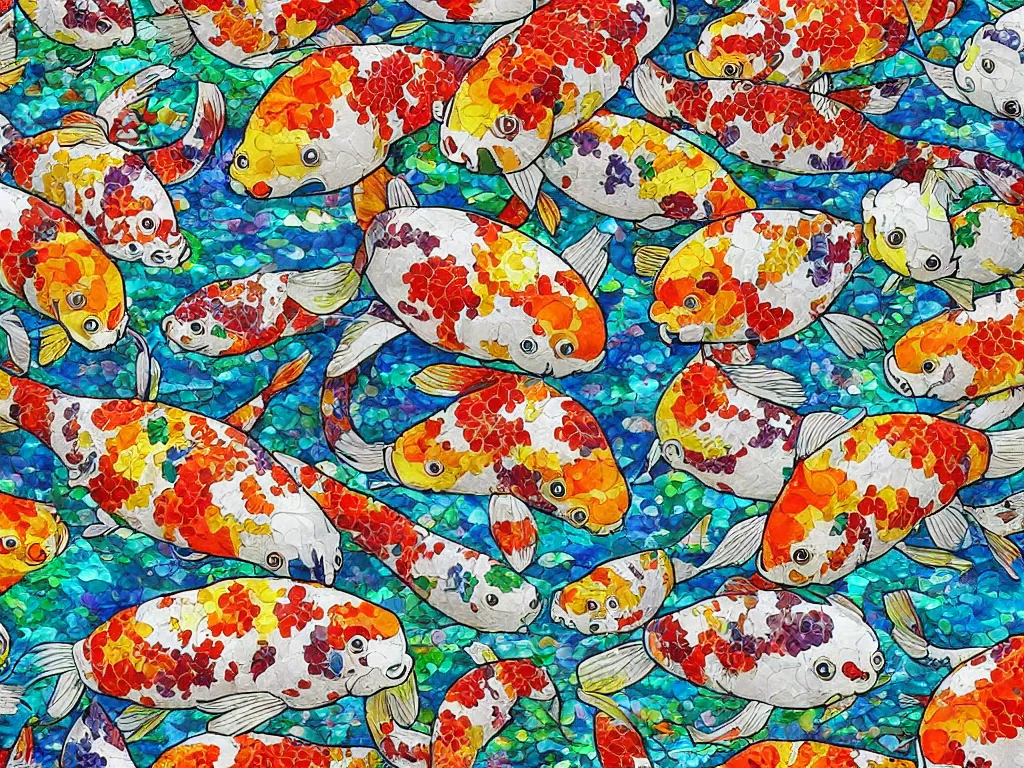 Image similar to breathtaking detailed concept art painting kaleidoscope of koi carp collage illustration pattern, 1 5 0 mm, tiny, small, miniature, short, cute and adorable, digital painting, highly detailed, intricate, elegant, artstation, concept art, colorful, beautiful, studio ghibli, aoshima chiho, takashi murakami, manga, cute and adorable