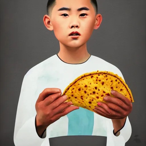 Image similar to dramatic portrait of chinese boy buzz cut, holding a taco, digital painting