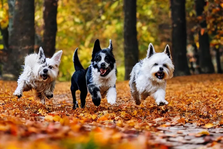 Prompt: dogs running through autumn leaves towards the camera, long shot, shot from below