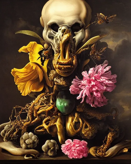 Image similar to refined gorgeous blended oil painting with black background by christian rex van minnen rachel ruysch dali todd schorr of a chiaroscuro portrait of an extremely bizarre disturbing mutated man made of still life flowers and rubber insects with shiny skin acne dutch golden age vanitas intense chiaroscuro cast shadows obscuring features dramatic lighting perfect symmetry perfect composition masterpiece