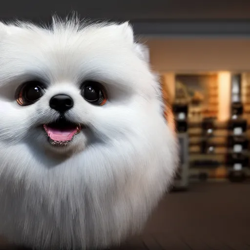 Image similar to a highly detailed digital painting of a fluffy antropomorphic pomeranian that works on a perfume shop, trending on artstation, octane render, 4 k, unreal 5