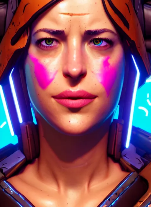 Image similar to glowwave portrait of dakota johnson from borderlands 3, au naturel, hyper detailed, digital art, trending in artstation, cinematic lighting, studio quality, smooth render, unreal engine 5 rendered, octane rendered, art style by klimt and nixeu and ian sprigger and wlop and krenz cushart.