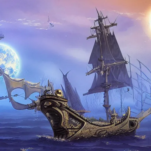 Prompt: a science fiction fantasy pirate ship on an alien planet